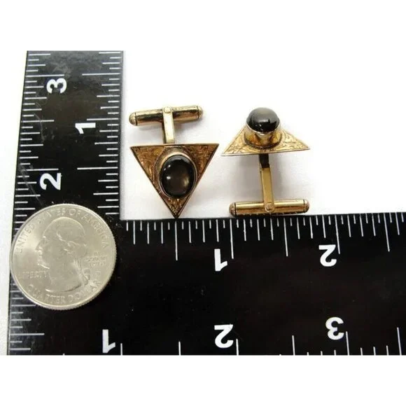 Vintage 10K Gold Black Star Sapphire Cufflinks Triangle Shape Beautiful